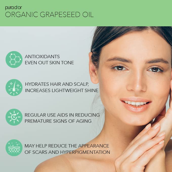 PURA D'OR Organic Grapeseed Oil 16oz – 100% Pure, Cold Pressed, USDA Certified Carrier Oil for Face, Skin & Hair – Light, Unscented, Hexane-Free Moisturizer