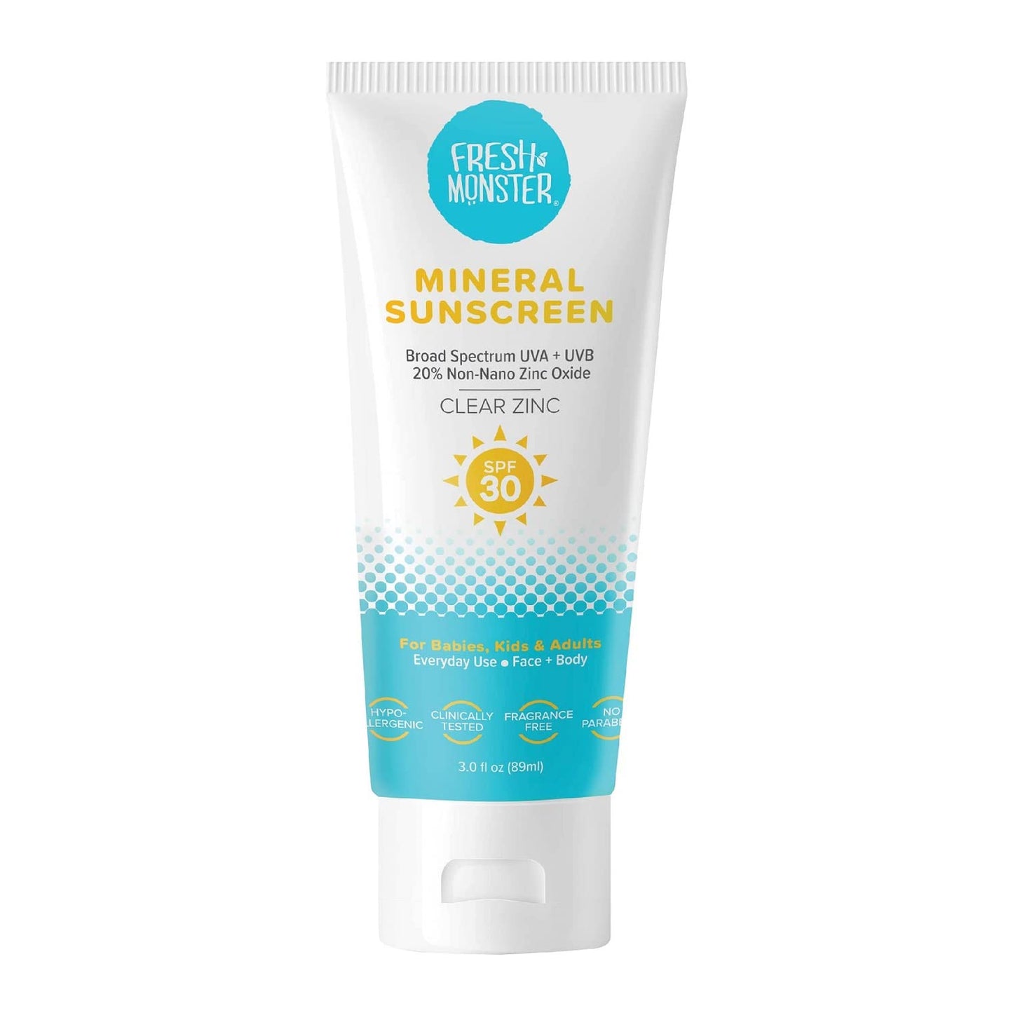 Fresh Monster Daily Kids Sunscreen SPF 30 – Clear Mineral Zinc Oxide, Face & Body, Reef Safe, Hypoallergenic, UVA/UVB Protection