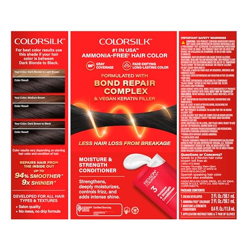 Revlon ColorSilk Permanent Hair Color with Bond Repair Complex, 11 Soft Black, 100% Gray Coverage, Ammonia-Free, Vegan Keratin, Pack of 3