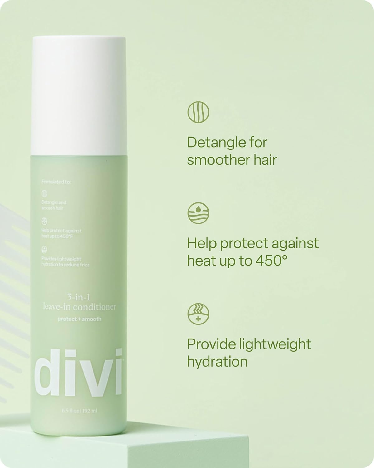 Divi 3-in-1 Leave-In Conditioner Spray – Detangler, Heat Protectant & Frizz Control for Smooth, Shiny Hair – Lightweight, All Hair Types, 6.5 Fl Oz