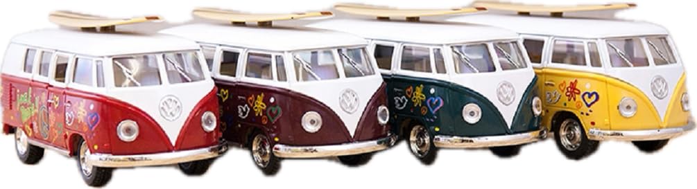 KiNSMART 1962 Volkswagen Classic Bus 1:32 Scale Die-Cast Toy Van with Surfboard & Hippy Decals, 5" Pullback Model (1 Random)