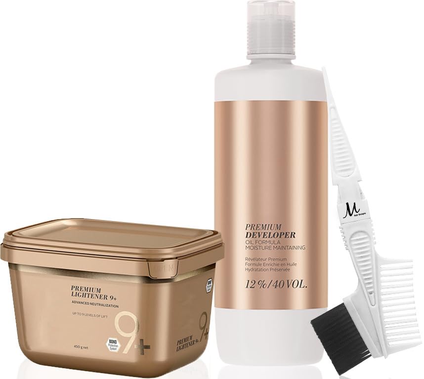 BlondeMe Lightener 9+ Premium Bleach 450 grams, Blonde Me Developer 12% / 40 Vol 1 Liter and M Hair Designs Tint Brush Comb (Bundle)
