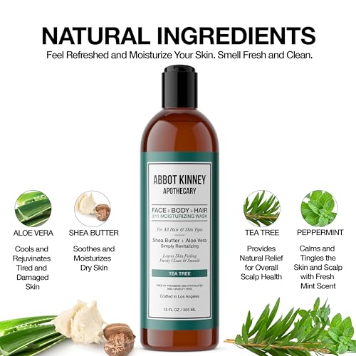 ABBOT KINNEY APOTHECARY Men's 3-in-1 Wash – Tea Tree Moisturizing Shampoo, Conditioner & Body Wash for All Skin & Hair Types, 12 oz