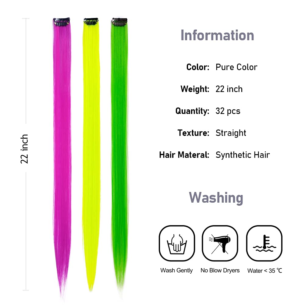 KGBFASS 32 Pack Colored Hair Extensions 20" – Rainbow Clip-In Synthetic Highlights for Girls, 16 Vibrant Colors, Straight Party Hair Pieces