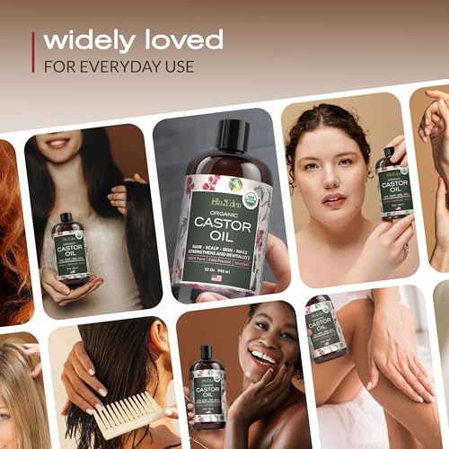 Ella & Eden Castor Oil Organic – Cold Pressed Hexane-Free Unrefined Glass Bottle | For Hair Growth, Face, Skin | USDA Certified 100% Pure – 16 Oz