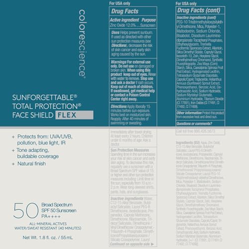Colorescience Total Protection Face Shield Flex SPF 50, Zinc Oxide Formula, Medium, 1.8 fl. oz.