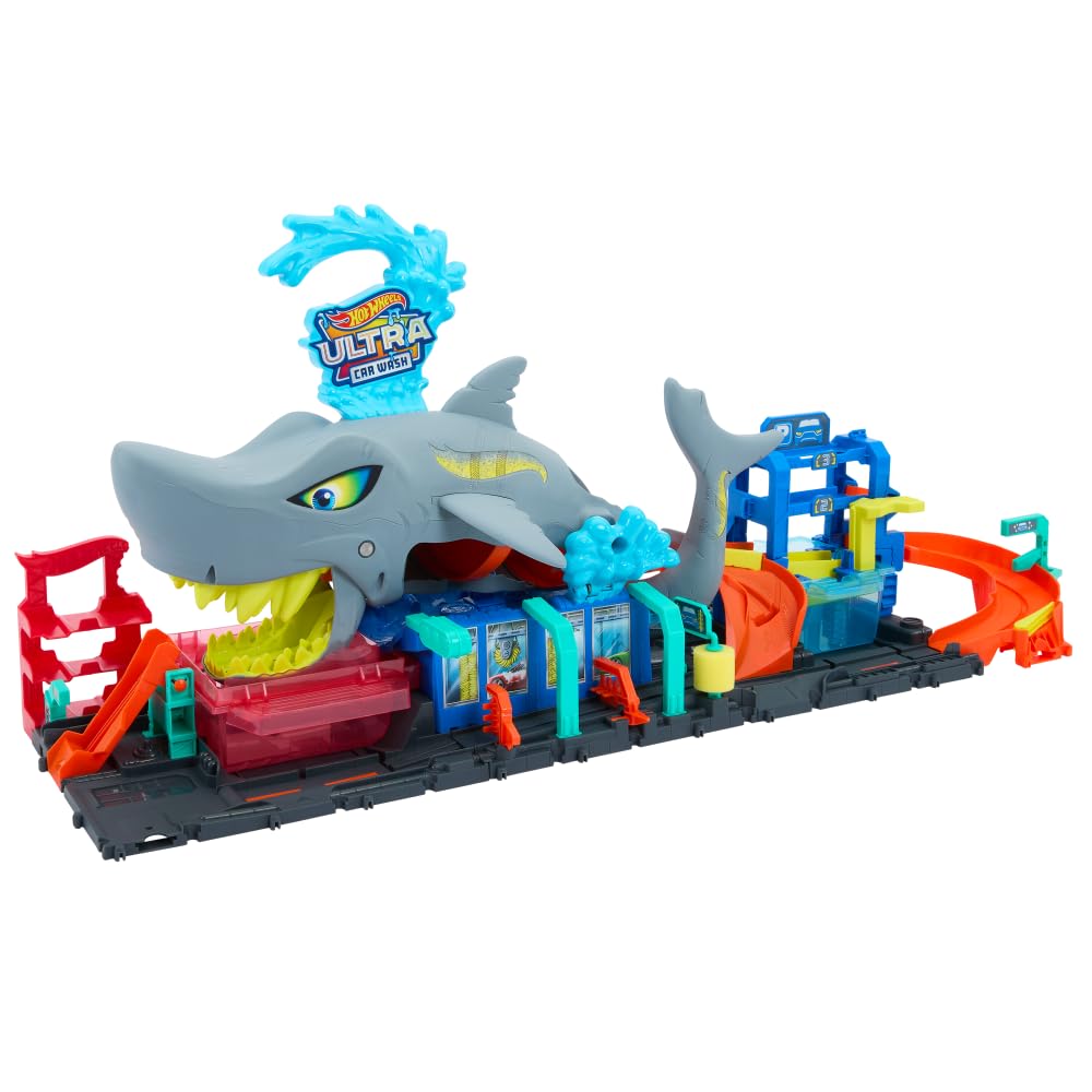 Hot Wheels City Track Set, Ultra Shark Car Wash with 1:64 Scale Color Reveal Toy Vehicle, Repeat Color-Change Feature, Storage