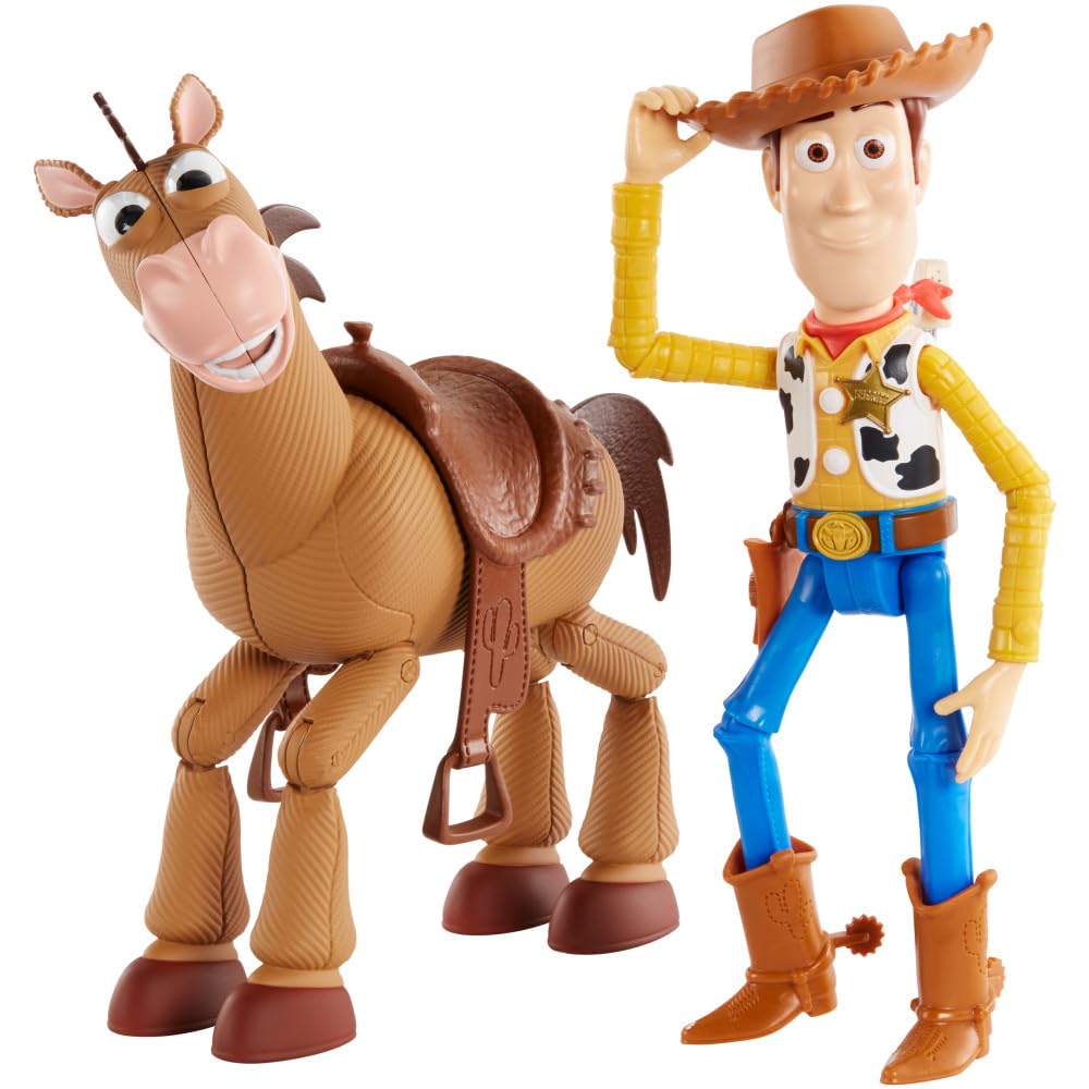 Mattel Disney Pixar Toy Story 4 Movie Set of 2 Action Figures, Collectible Pack Includes with Woody with Removable Hat & Rideable Bullseye