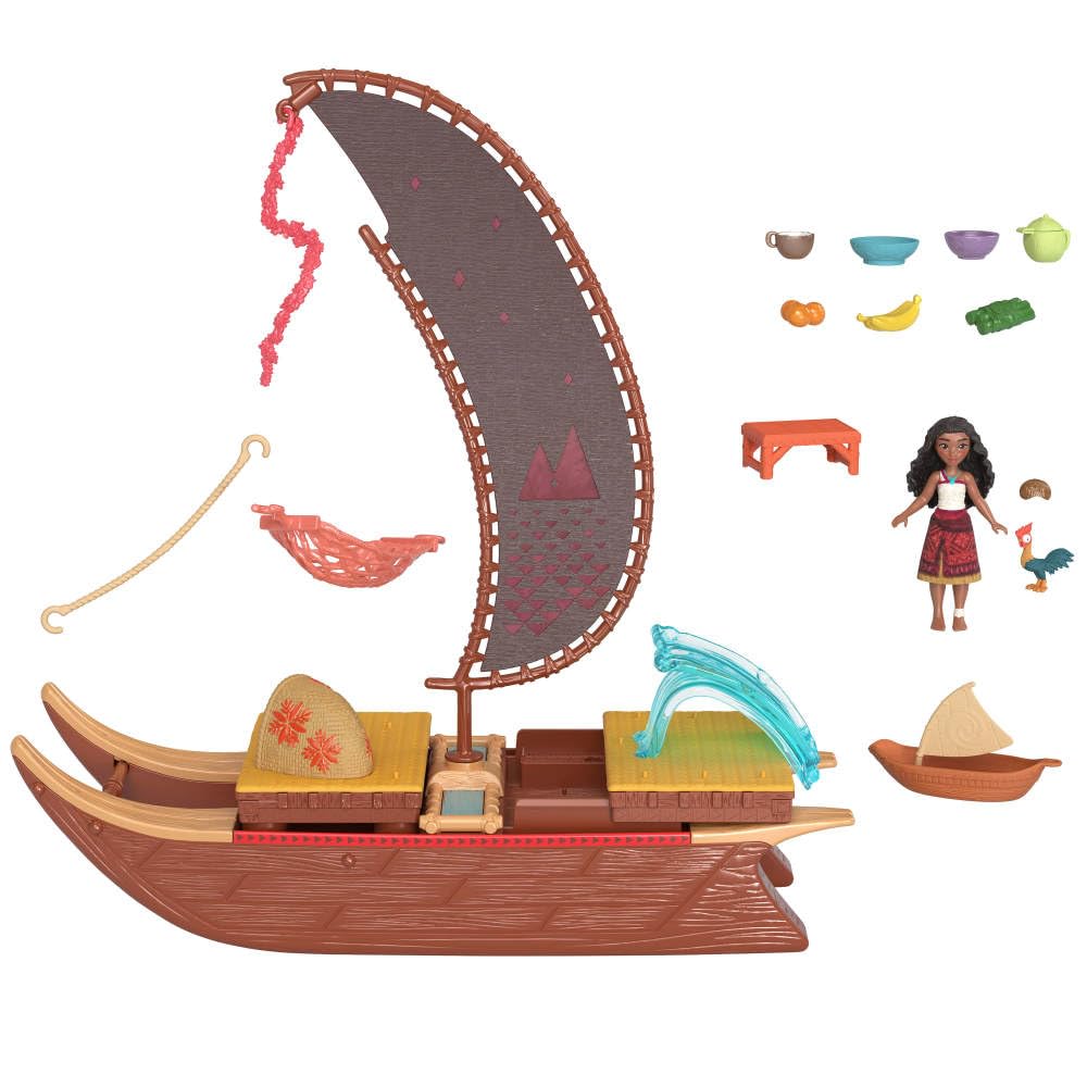 Mattel Disney Moana 2 Toy Playset with Floating Adventure Canoe, Small Doll, 1 Character Friend, 6 Play Areas & 10 Accessories