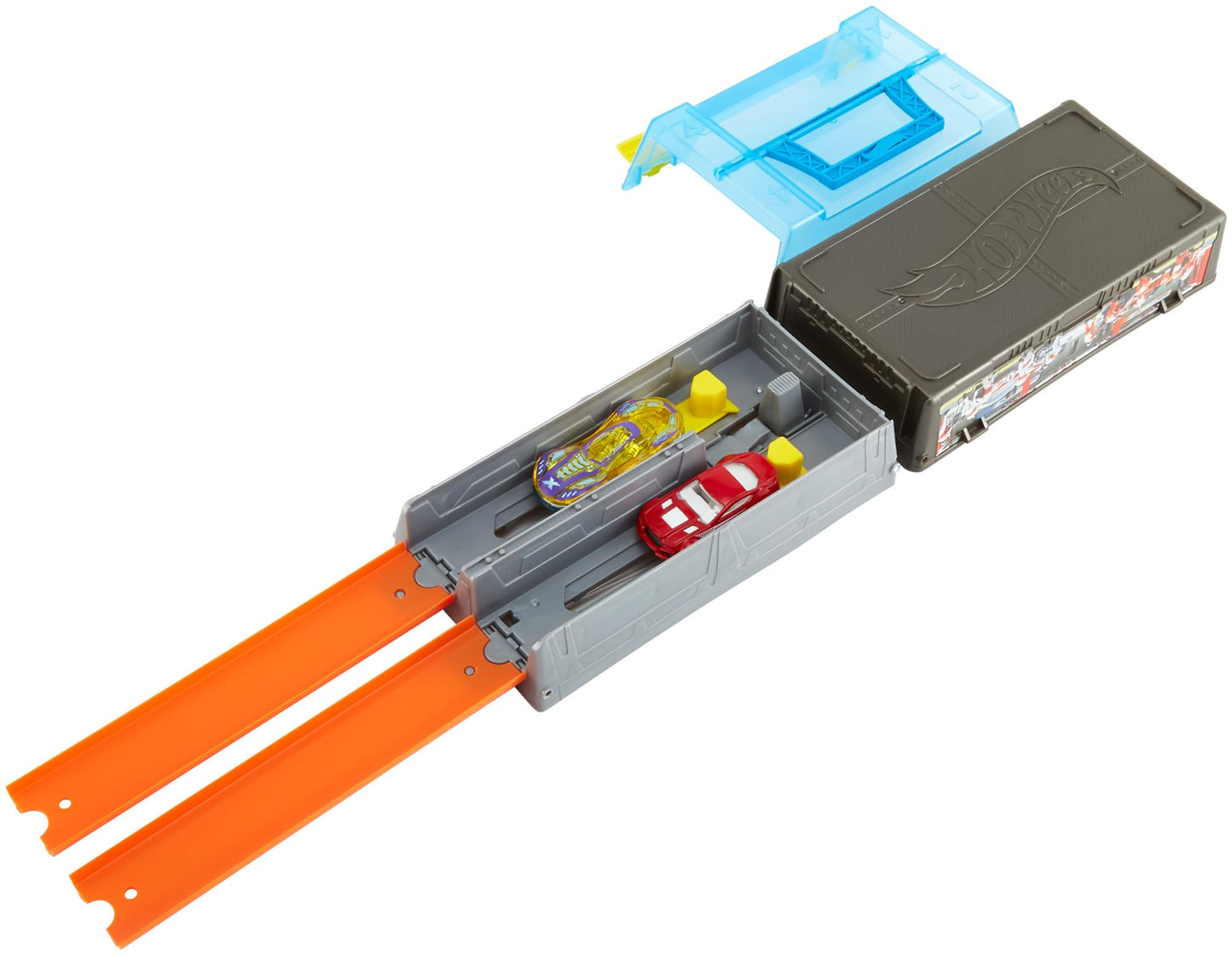 Hot Wheels Toy Cars & Track Set, Race Case Playset with 2 Vehicles in 1:64 Scale, Dual Launcher for Side-By-Side Racing & Portable Storage Container