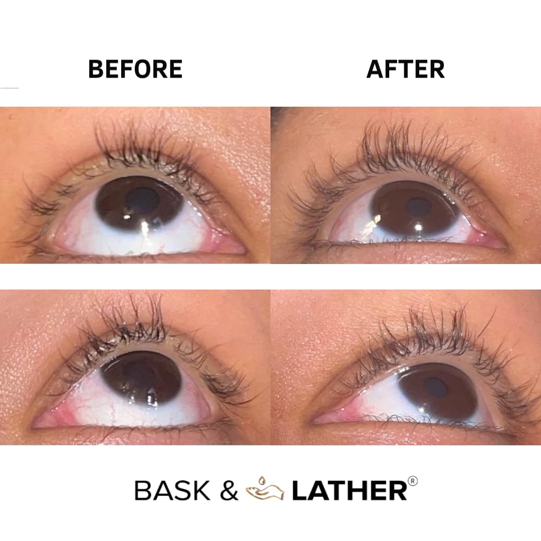 Bask & Lather Lash & Brow Serum with Castor & Jojoba Oil – Thicker, Fuller, Longer Eyelashes & Eyebrows, 3-Month Supply, Brush Applicator