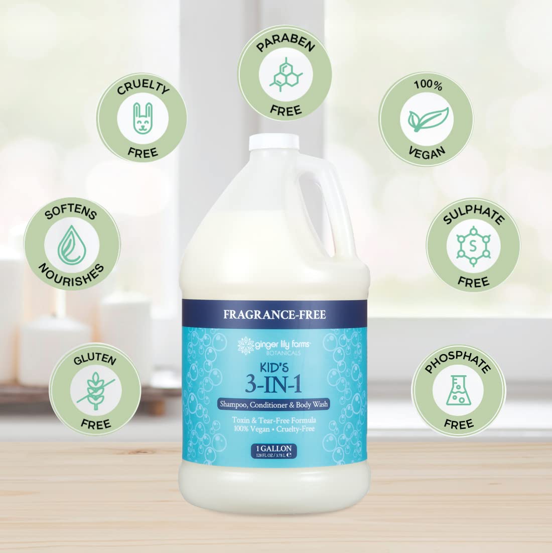 Ginger Lily Farms Kids 3-in-1 Shampoo, Conditioner & Body Wash | Tear-Free, Fragrance-Free, Vegan & Cruelty-Free Refill, 1 Gallon (128 fl oz)