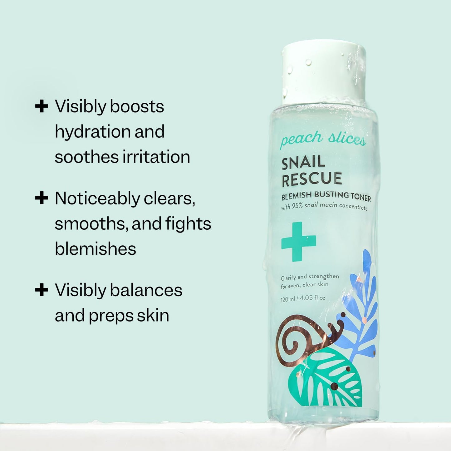 Peach Slices Snail Rescue Blemish Toner – 95% Snail Mucin, Pore Cleansing, Hydrating & Balancing, CICA, Hyaluronic Acid, 4.05 oz