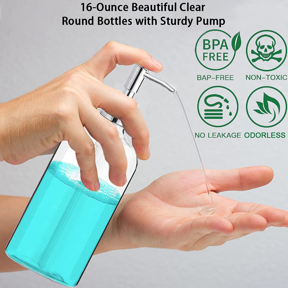 Clear Soap Dispenser with Rust Proof Pump, Waterproof Labels (2 Pack,16 Oz), Plastic Hand Soap Dish Soap Dispenser for Kitchen Bathroom