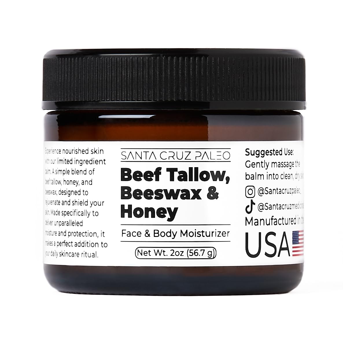 Santa Cruz Paleo Beef Tallow & Honey Balm – Grass-Fed Moisturizer for Face & Body, Organic Beeswax & Honey, Light Scent, 2oz