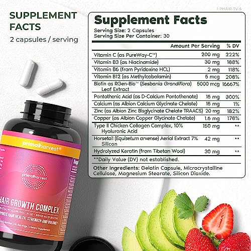 Primal Harvest Hair Growth Vitamins for Women & Men – 60 Capsules for Thicker, Fuller Hair – Biotin & Zinc Supplement for Healthy Hair Regrowth