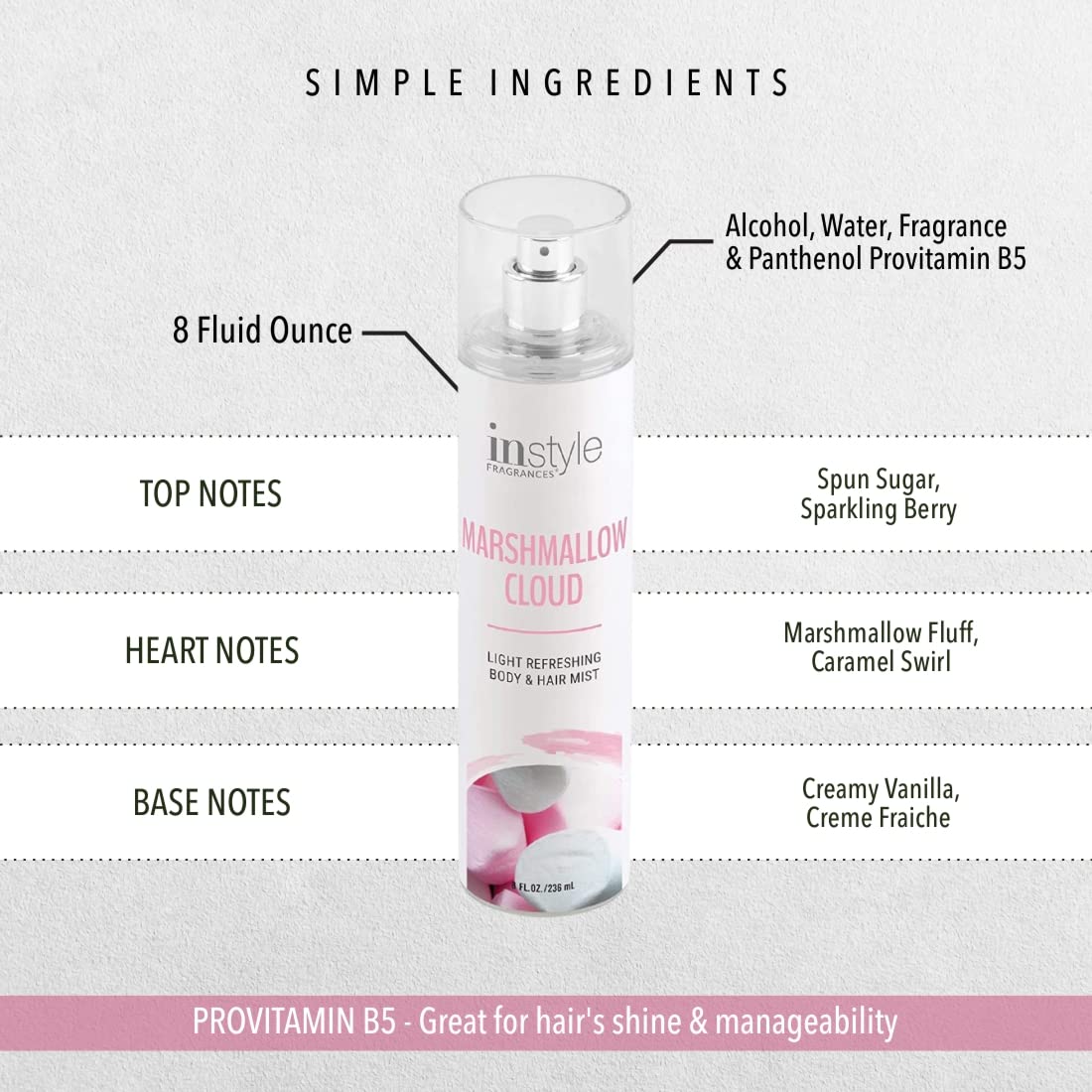 Instyle Fragrances Body & Hair Mist – Marshmallow Cloud Scent, With Panthenol, CLEAN, Vegan, Paraben & Phthalate Free, Premium 8 Fl Oz Spray