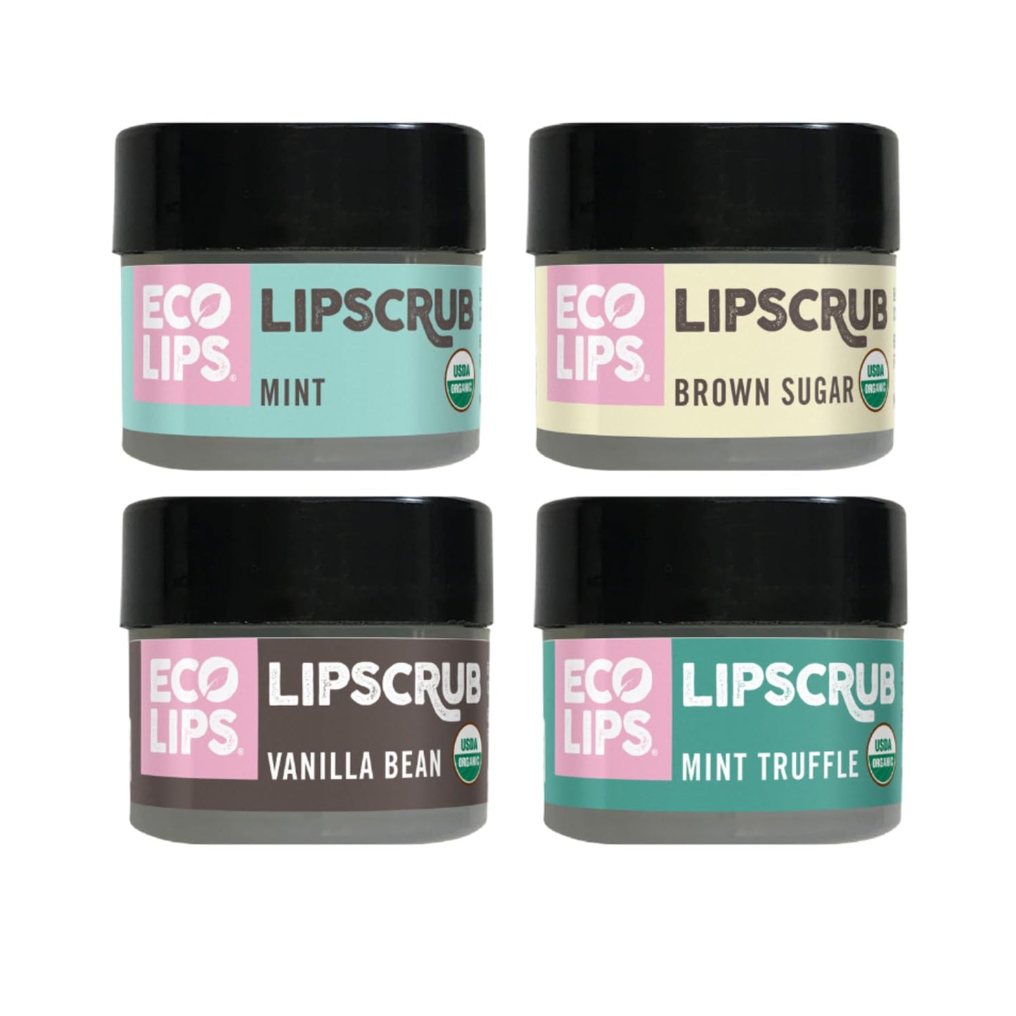 Eco Lips Lip Sugar Scrub 4-Pack, 100% Organic Lip Care, Exfoliates & Moisturizes with Sugar & Coconut Oil, 4 x 0.25oz Jars