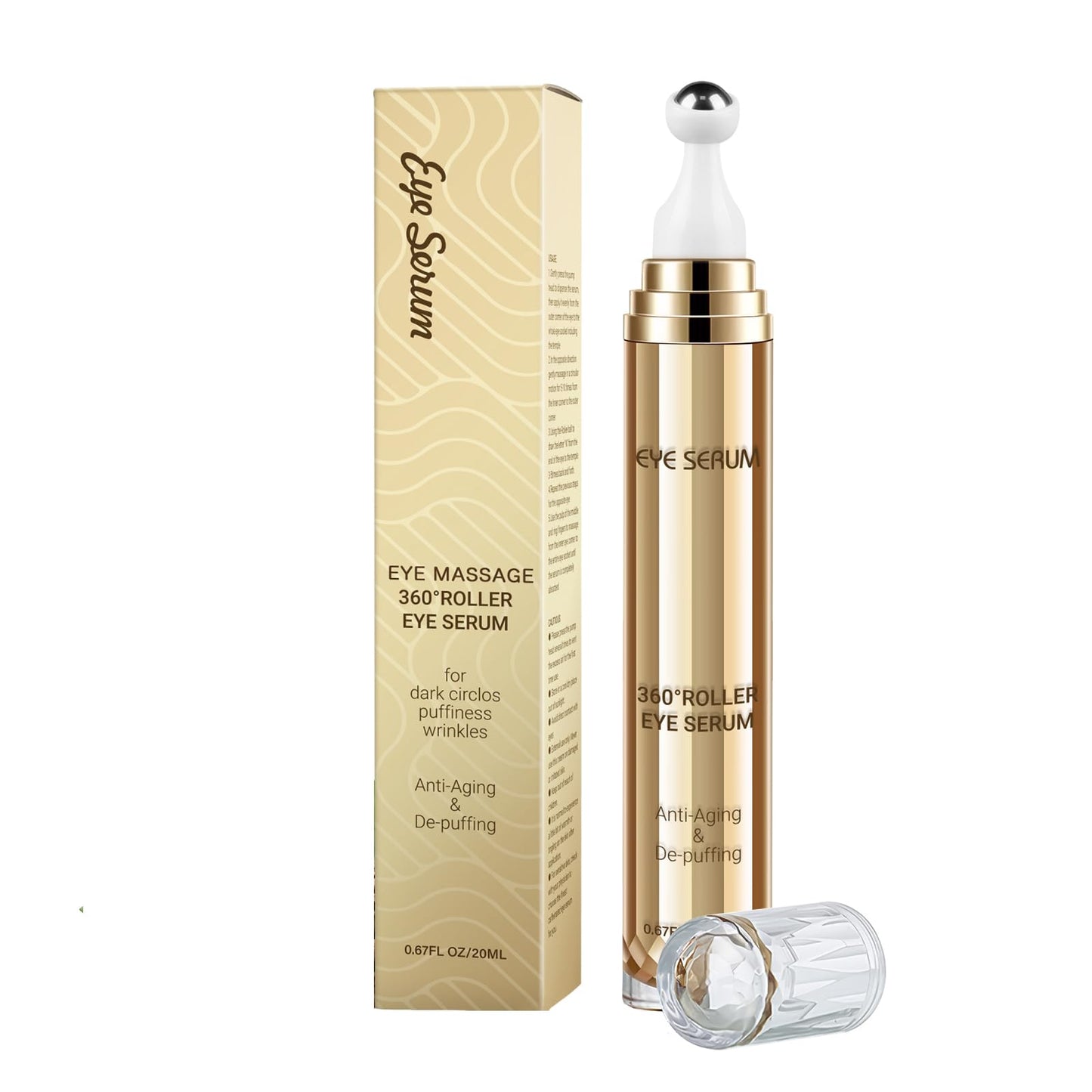 5% Caffeine Eye Serum 20ML with Hyaluronic Acid, 360° Massage Ball for Dark Circles, Puffiness, Wrinkles & Fine Lines