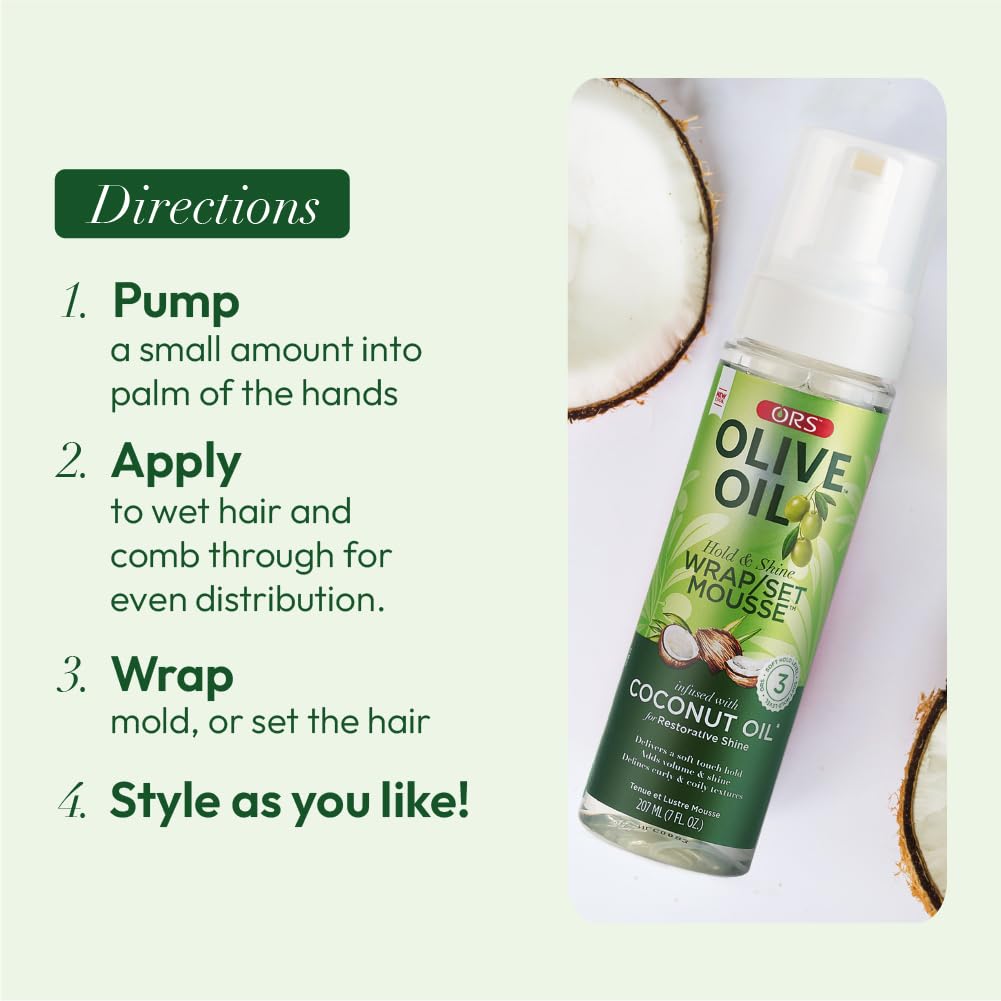 ORS Olive Oil Hold & Shine Wrap Set Mousse Infused with Coconut Oil for Restorative Shine 7 Ounce