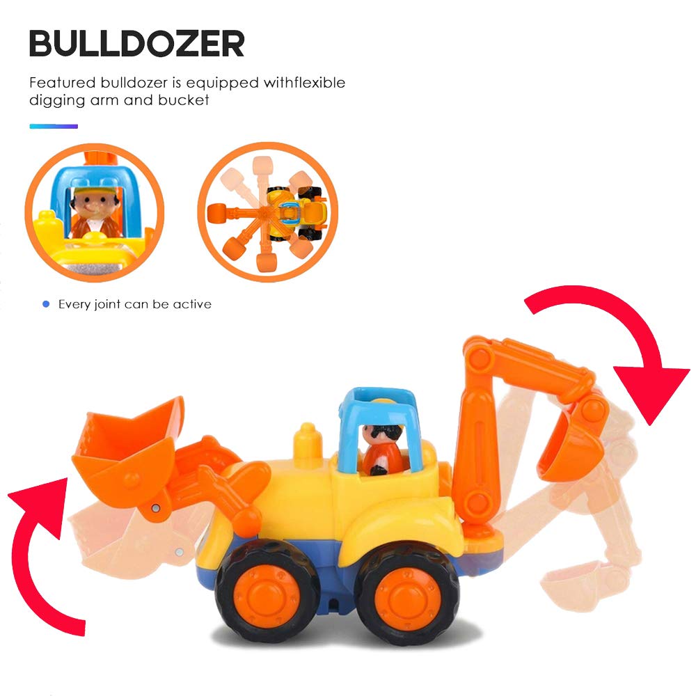 Friction Powered Cars Push & Go Construction Vehicle Toy Set with Tractor, Bulldozer, Dump Truck & Cement Mixer for Toddlers & Boys Gifts