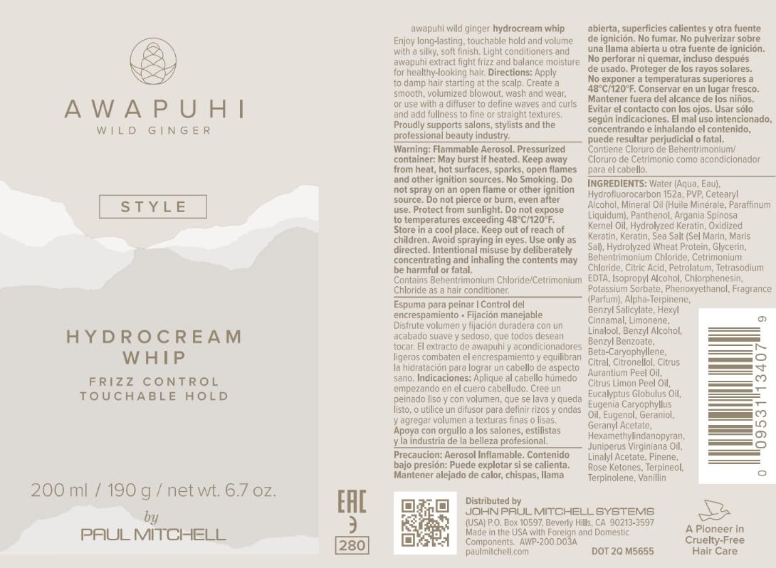 Awapuhi Wild Ginger by Paul Mitchell HydroCream Whip Mousse, Frizz Control, Touchable Hold, For All Hair Types, 6.7 oz.