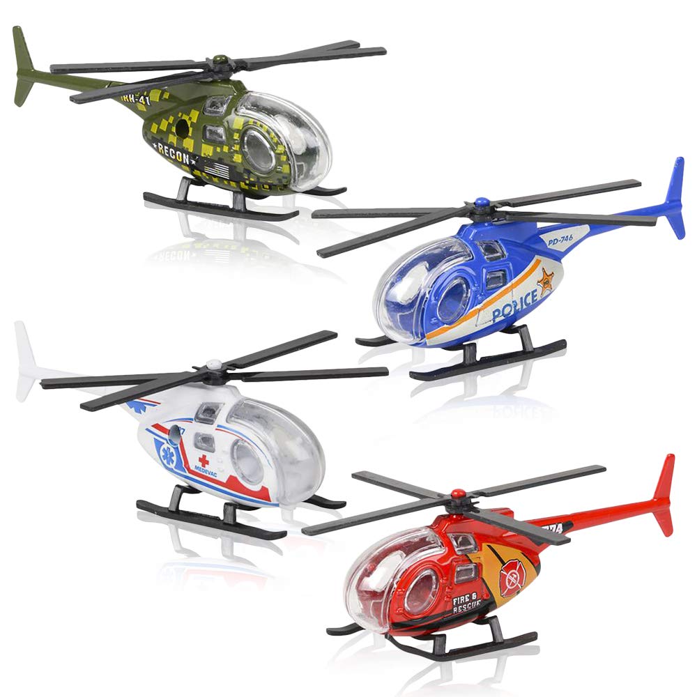 ArtCreativity Diecast Helicopter Toy Set of 4 – Police, Fire, EMS & Military Choppers with Spinning Props, Kids Birthday Party Favors