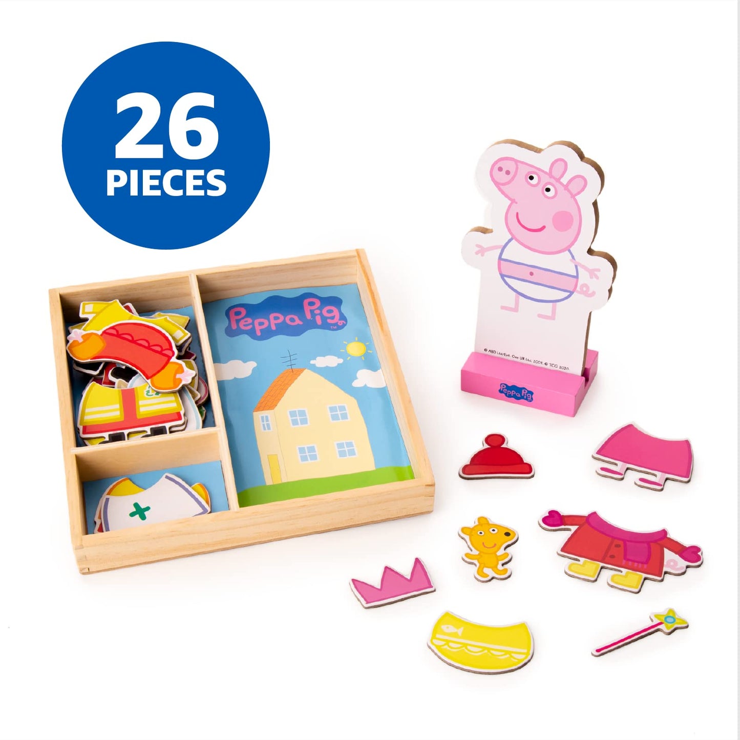 Peppa Pig Magnetic Wooden Dress-Up Doll with 26 Pieces & Storage Box – Mix & Match Creative Play for Kids 3+