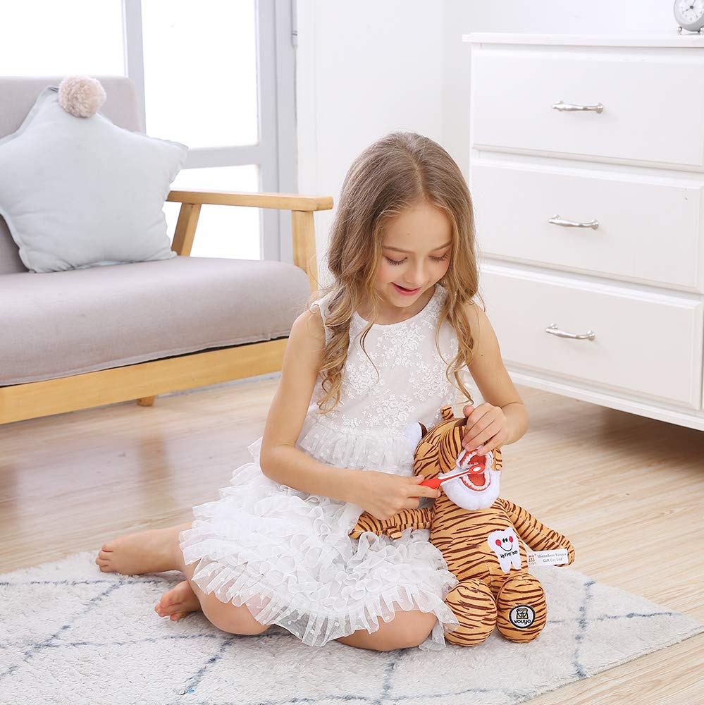 YOUYA DENTAL Tooth Fairy Puppet โ Striped Tiger Educational Plush Doll with Teeth for Kids, Oral Health Teaching Toy