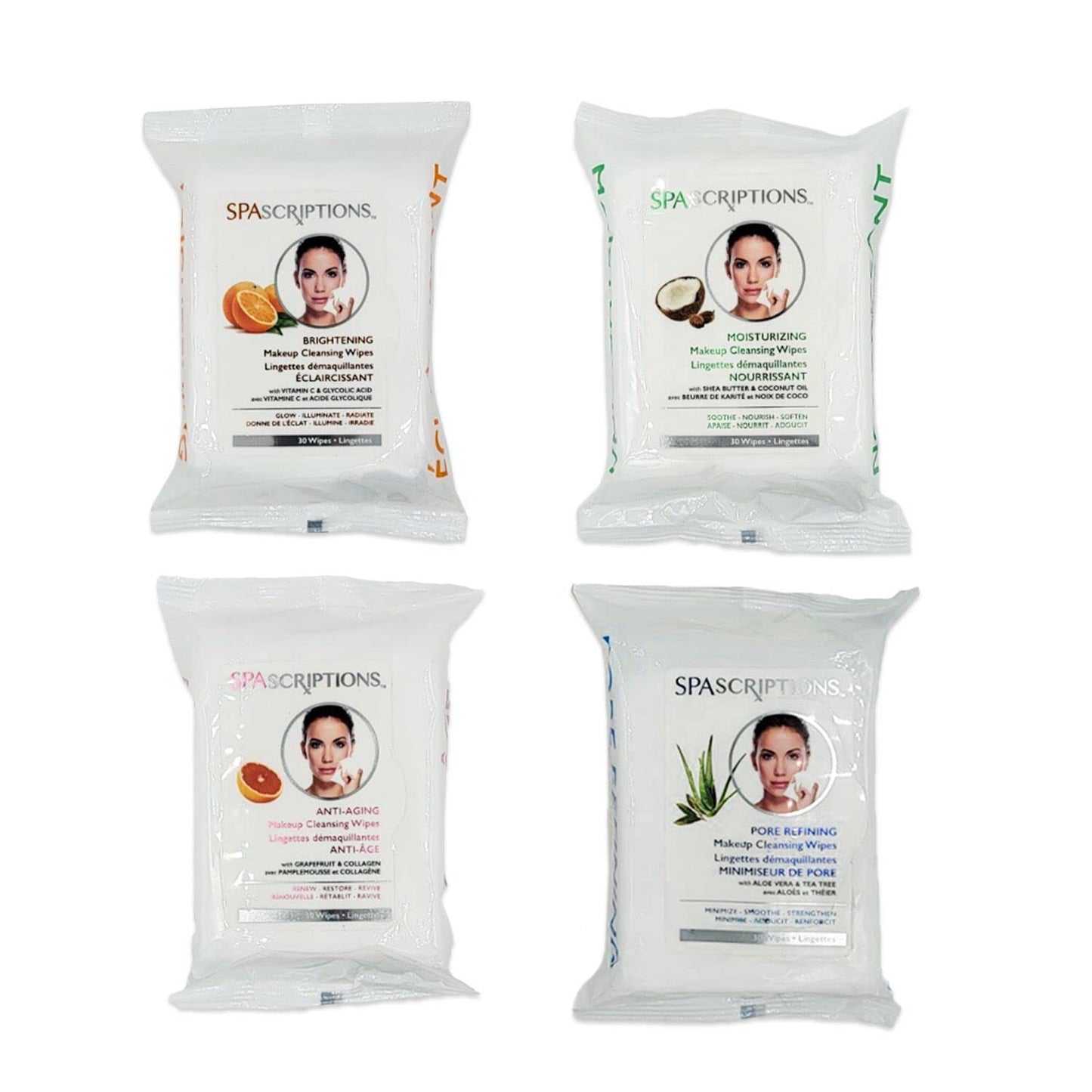 Spascriptions™ Anti-Aging Brightening Towelettes – Moisturizing, Pore-Refining, Collagen & Vitamin C, Removes Waterproof Makeup, 120 Ct, 4 Pack