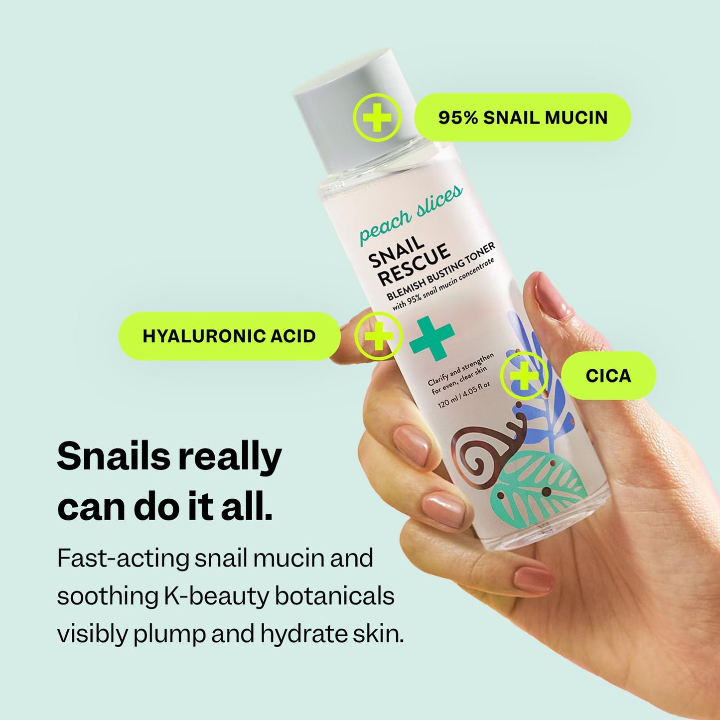 Peach Slices Snail Rescue Blemish Toner – 95% Snail Mucin, Pore Cleansing, Hydrating & Balancing, CICA, Hyaluronic Acid, 4.05 oz