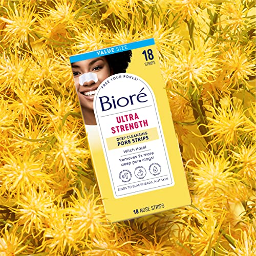 Bioré Witch Hazel Ultra Strength Blackhead Remover Pore Strips, Oil-Free, Non-Comedogenic, C-Bond Technology, 18 Count – Clears Pores Fast