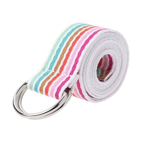 Feamos Stripe Belts for Women Waist Belt for Shorts with Double D-Ring Buckle Canvas Casual (White & Rainbow)