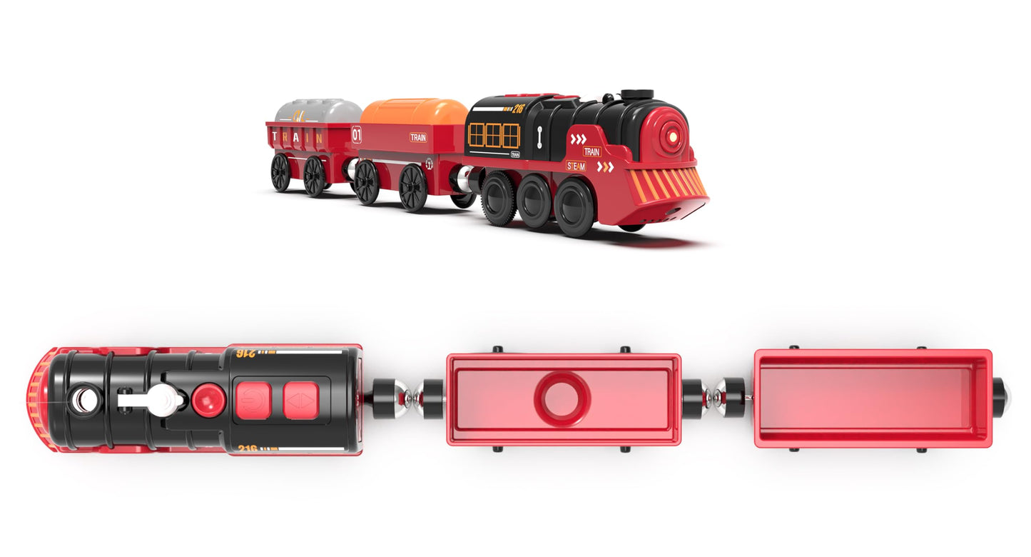 Electric Toy Train Set for Wooden Tracks – Battery Operated Christmas Train with Lights, Sounds & Smoke, Compatible with Thomas & Brio