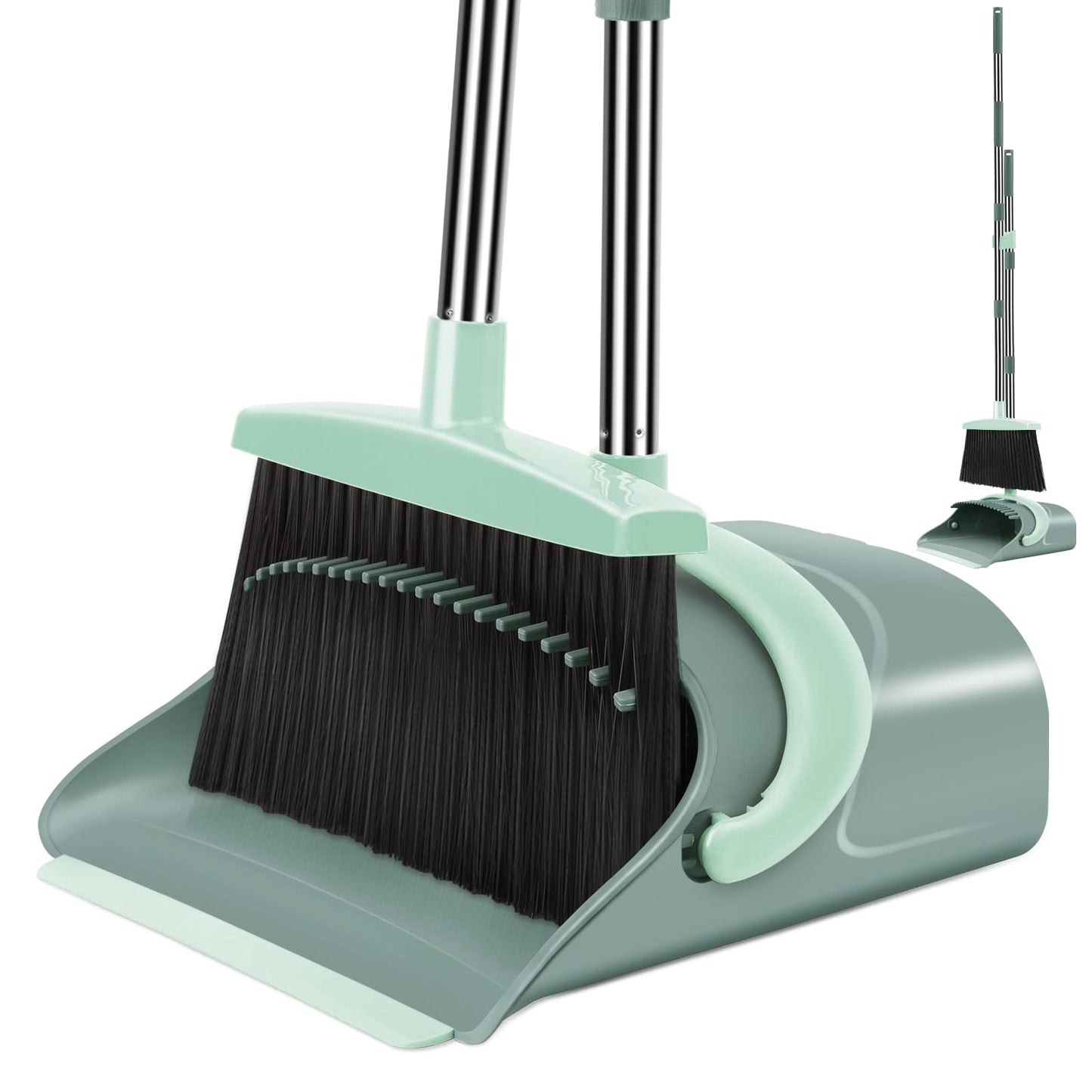 Broom & Dustpan Set with Long Handle – Upright Sweeping Combo for Home, Kitchen, Office & Lobby, Gray & Green
