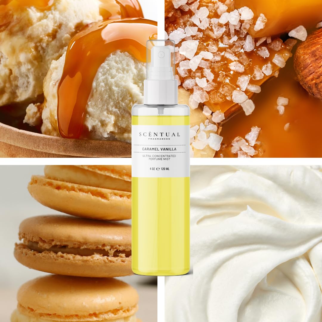Scentual Fragrances Ultra-Concentrated Hair & Body Perfume Mist for Women – Long Lasting Gourmand Scent, Vegan & Cruelty Free, Caramel Vanilla