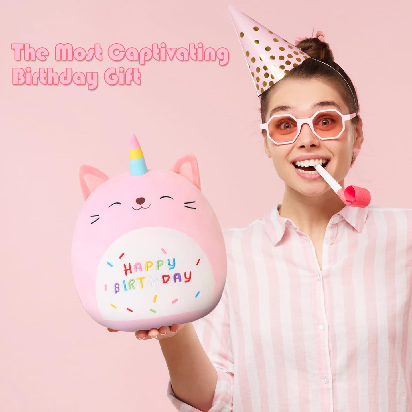 SQEQE Cat Plush Toy Unicorn Cat Stuffed Animal Cute Birthday Cat Plushies Pillow Soft Plushie Doll Gifts for Kid Decor(Pink Caticorn, 10 Inch)