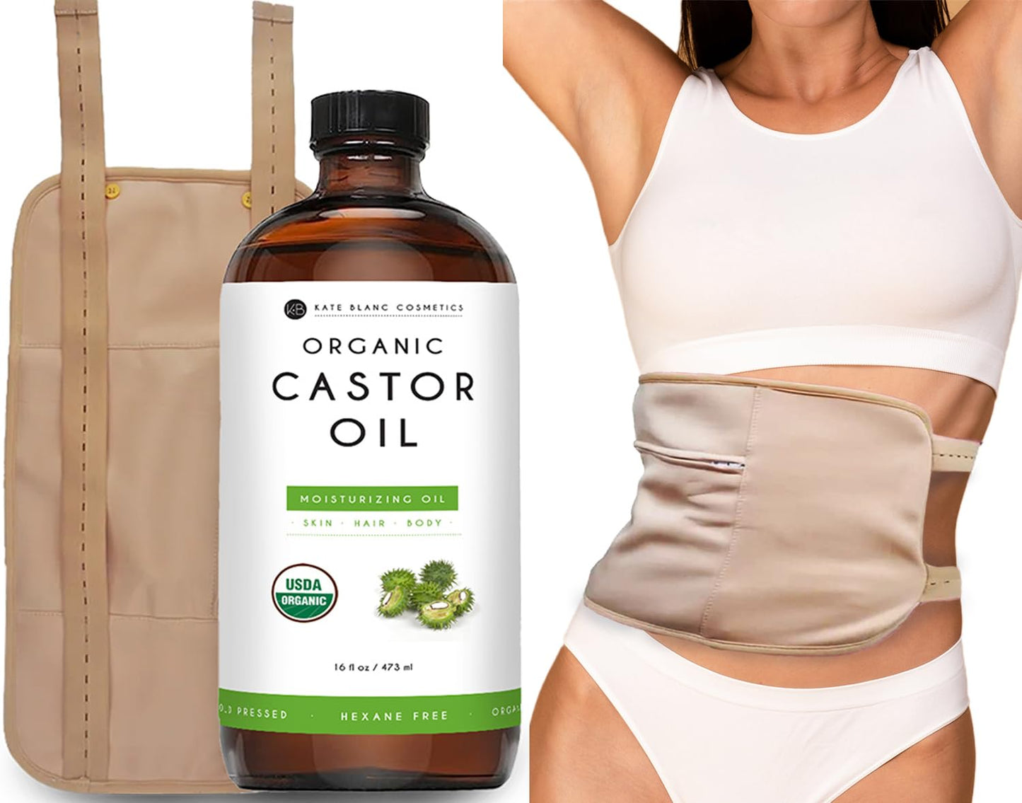 Kate Blanc Cosmetics Castor Oil Pack Wrap for Stomach & Belly (16oz Glass Bottle) Moisturize Body & Skin. Reusable, Adjustable, Comfortable Fit.