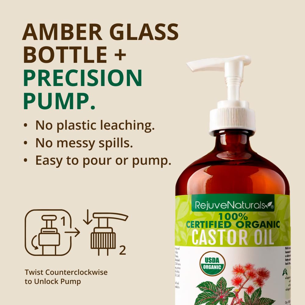 RejuveNaturals Organic Castor Oil 16oz – 100% Pure, Cold Pressed & Hexane-Free – USDA Certified for Hair Growth, Thicker Lashes & Brows