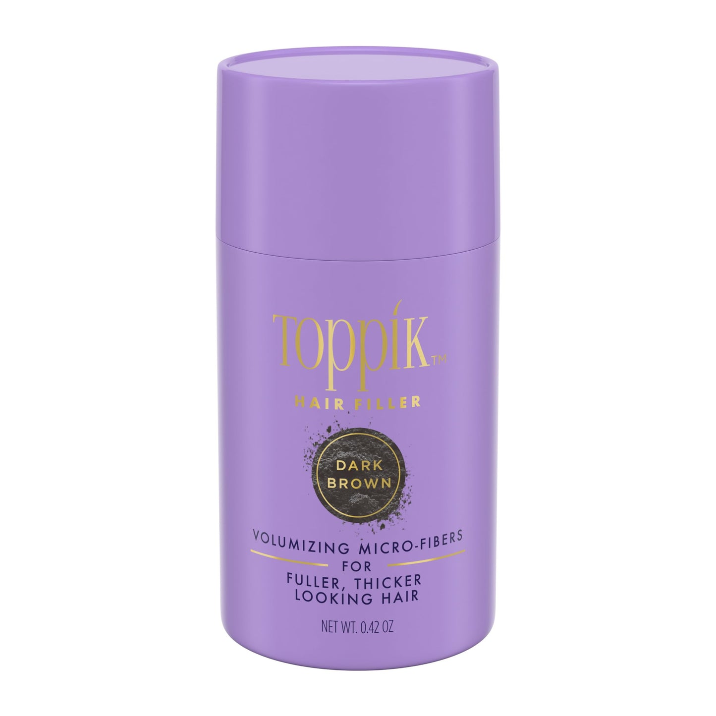 Purple container of Toppik hair filler with gold text on a white background
