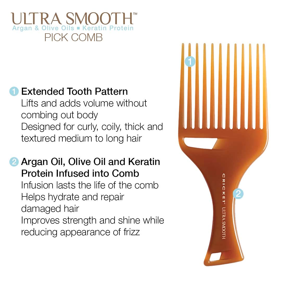 Cricket Ultra Smooth Hair Pick Comb with Argan, Olive & Keratin Oils – Volumizes, Detangles & Reduces Frizz for Curly, Thick & Long Hair