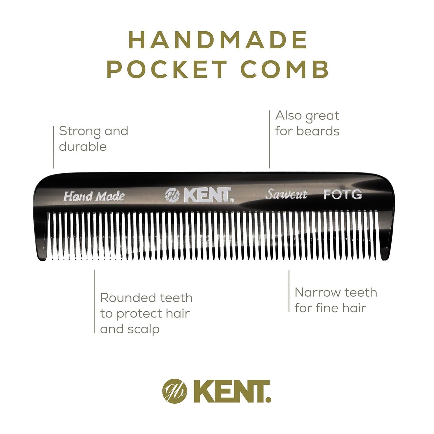 Kent FOT Black Graphite Fine Tooth Pocket Comb for Men – Handmade Travel Comb for Styling, Fine Hair, Beard & Mustache – Saw-Cut, Made in England