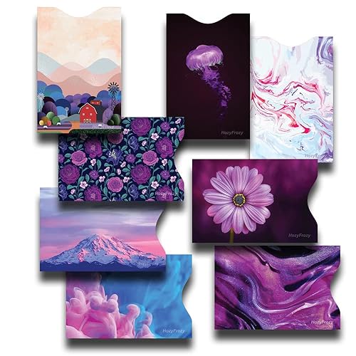 8 Rfid Blocking Sleeves, Unique Designs And Arts In Purple, Anti-Theft Credit Card Holder, Protector, Easy To Recognize, Sturdy Perfect Size For Cards