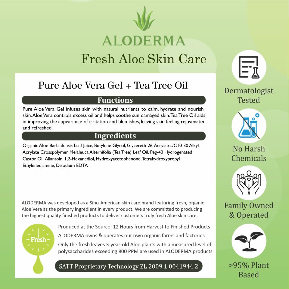 Aloderma Organic Aloe Vera Gel with Tea Tree Oil – Pure, Fresh Aloe Made Within 12 Hours of Harvest – Soothes Face, Oily Skin, Dry Scalp & Aftershave, 10.6 oz