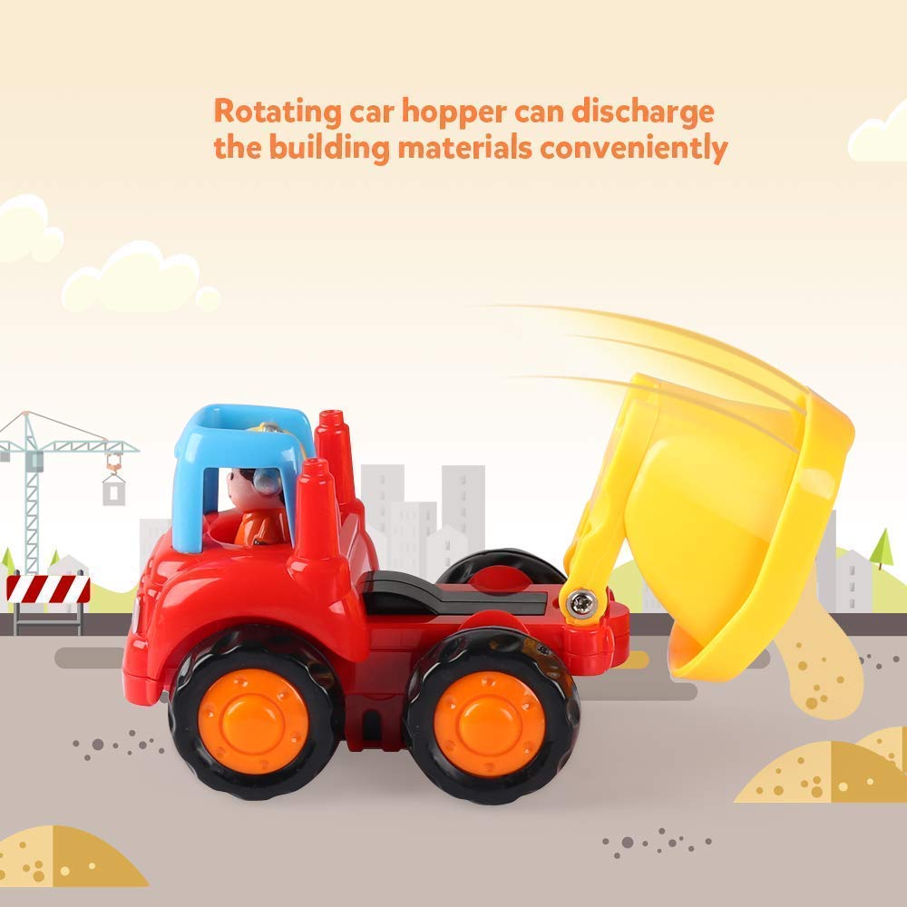 Coogam 4-Pack Friction Powered Construction Vehicles Toy Set – Push & Go Tractor, Bulldozer, Cement Mixer & Dumper for Kids