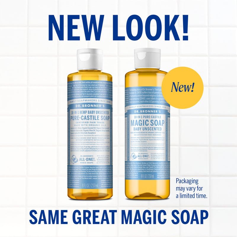Dr. Bronner's Pure-Castile Liquid Soap, Baby Unscented 8oz – Organic, Fragrance-Free, Vegan, Gentle Face & Body Wash for Sensitive Skin