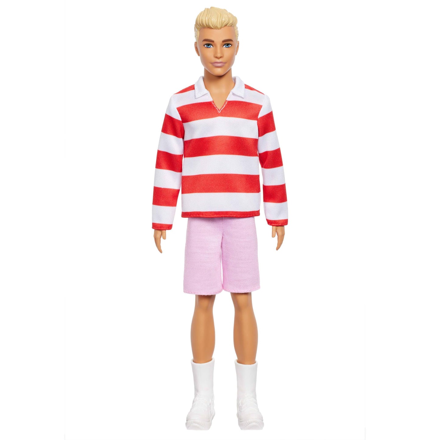 Barbie Fashionistas Ken Doll #241 with Blonde Hair Wearing Red and White Striped Polo Shirt with Pink Shorts, White Crew Socks and Sneakers