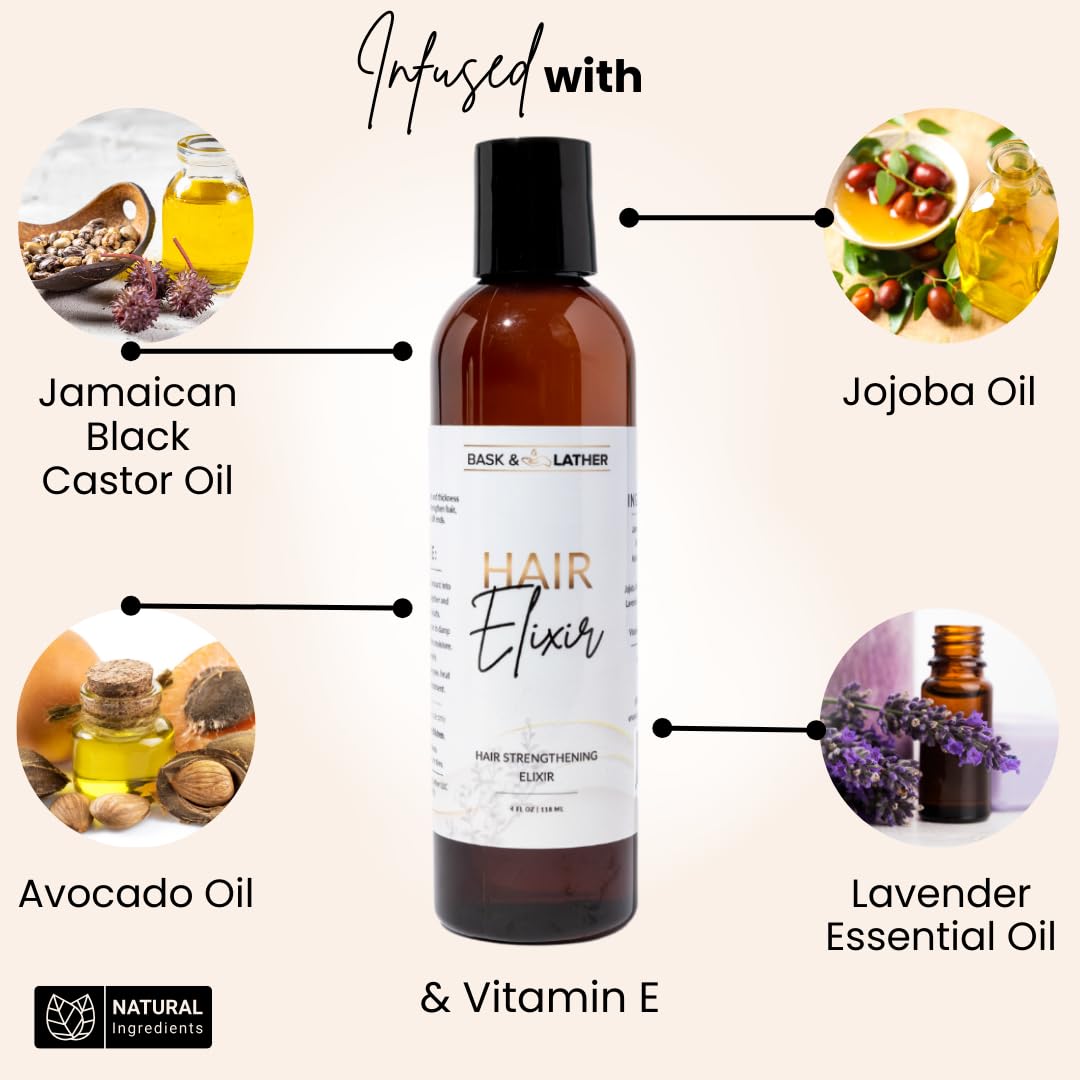 BASK & LATHER Elixir Hair Strengthening Oil, Jamaican Black Castor Oil, For Volume, Thickness, Detangle, De Frizz, Conditions New Hair Growth, 4 fl oz