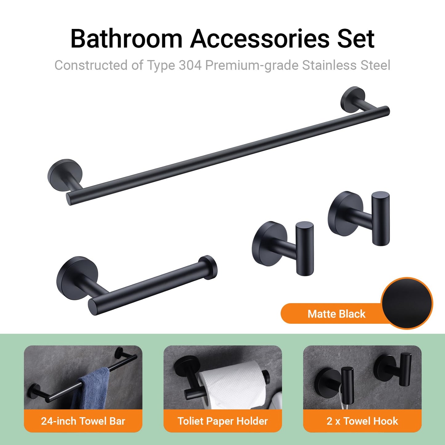Hoooh Matte Black 4-Piece Bathroom Set, Stainless Steel Wall Mount with 24" Towel Bar, Toilet Paper Holder & 2 Robe Hooks, BS100S4B-BK
