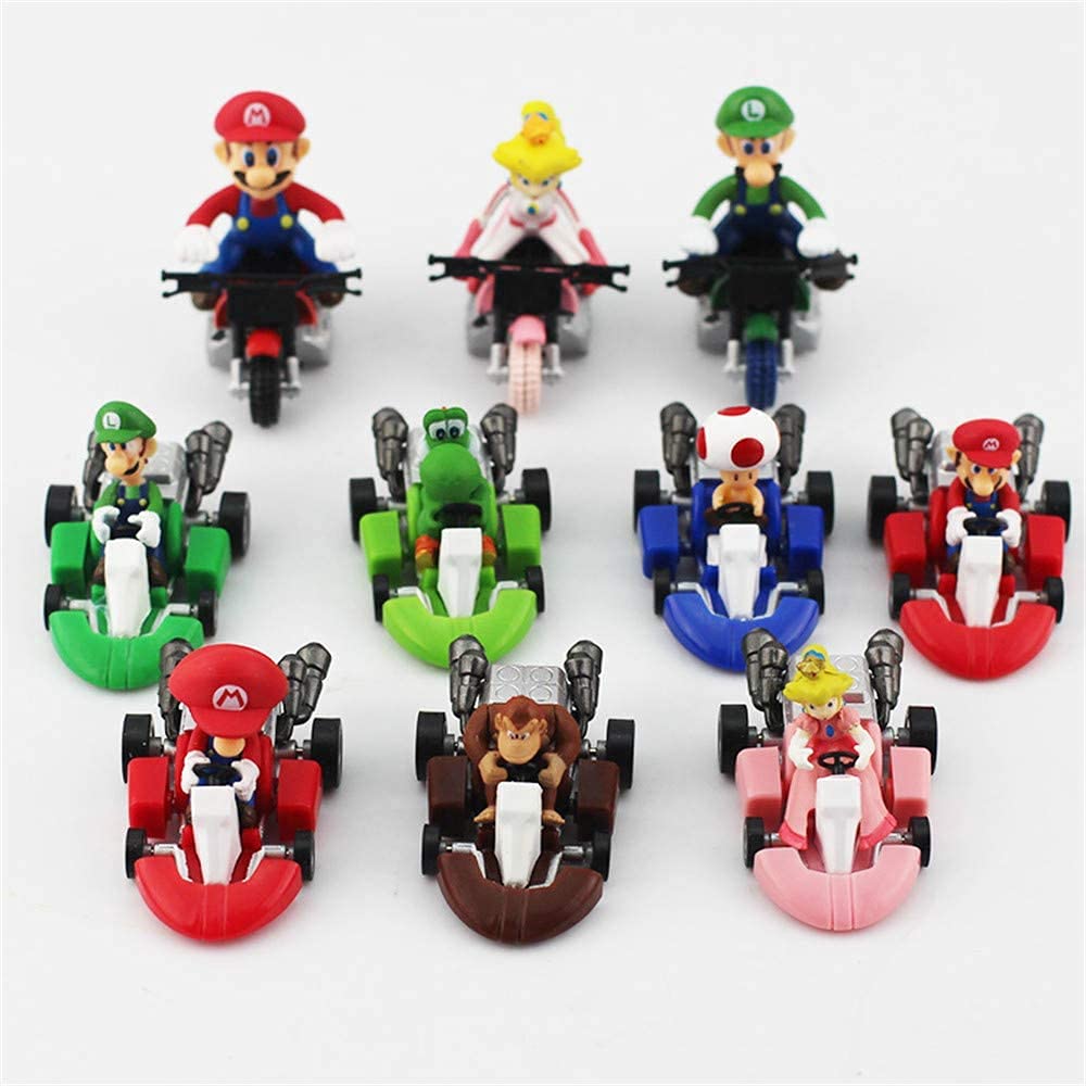 HUAWELL 10 Pcs Supe Mari Bros Kart Pull Back Cars Motorcycle Lugi Yosi Toad Princes Peach Donkey Kong 2.5 Inch for Kid Gift (10 Pcs)